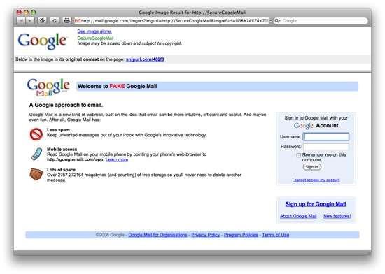 Gmail farlocca servita tramite Google Images