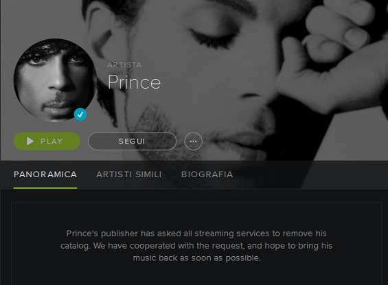 La pagina Spotify di Prince