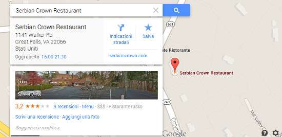 Il ristorante sulle mappe di Google