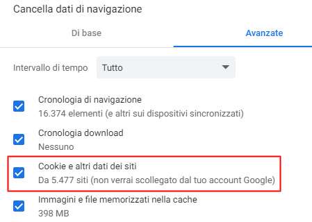 La cancellazione dei cookie salvati da Chrome, al momento, non elimina quelli legati all'account Google