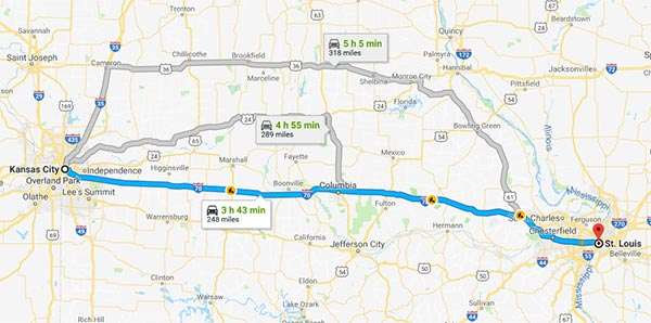 Il percorso in auto più rapido per viaggiare da Kansas City e St Louis