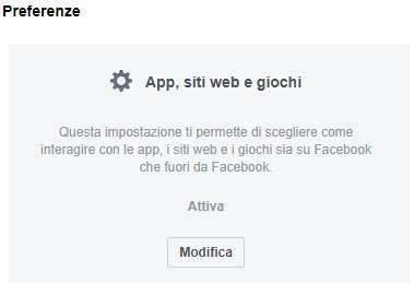 Facebook: impostazioni App, siti Web e giochi