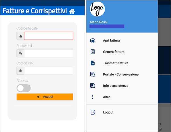 Screenshot per la versione Android dell'applicazione FatturAE