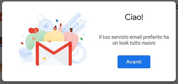 Il messaggio che avvisa della disponibilità della nuova interfaccia dell'app mobile di Gmail