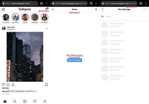 L'interfaccia della messaggistica di Instagram Direct in un browser mobile