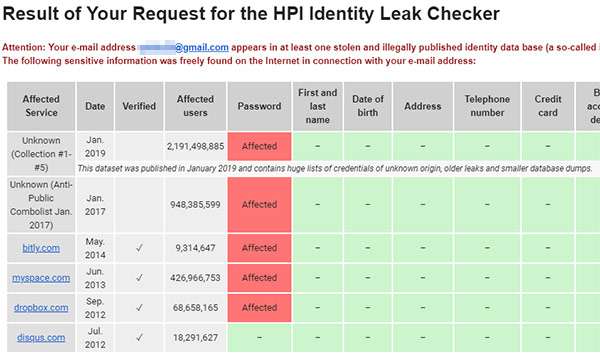 Il risultato del test condotto con il tool HPI Identity Leak Checker