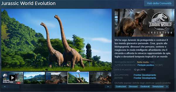 La scheda di Jurassic World Evolution su Steam