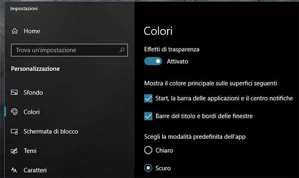 Le impostazioni di Windows 10 per scegliere fra il tema Chiaro e quello Scuro del sistema operativo