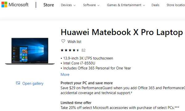 Il MateBook X Pro di Huawei sullo store online di Microsoft