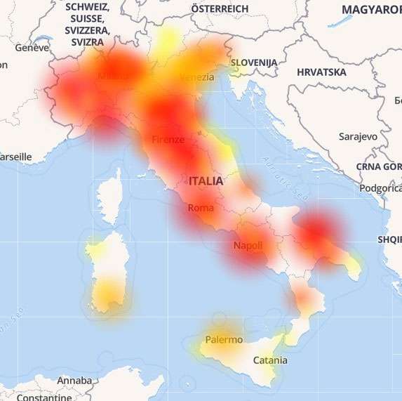 La mappa del blackout Vodafone in Italia