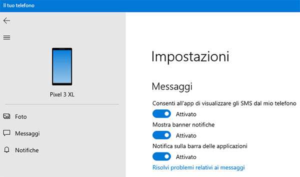 Il Tuo Telefono per Windows 10: le impostazioni relative alle notifiche provenienti da Android