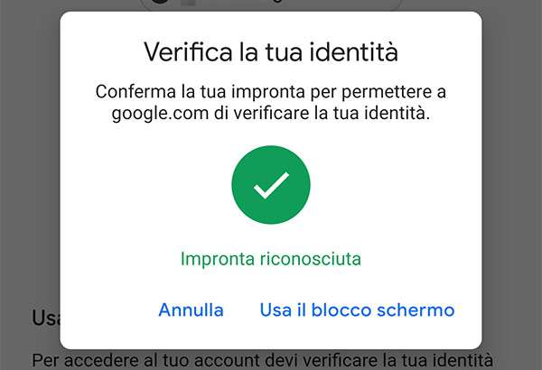 Autenticazione agli account Google nel browser di Android con l'impronta digitale