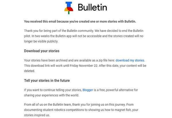 Google annuncia la chiusura di Bulletin