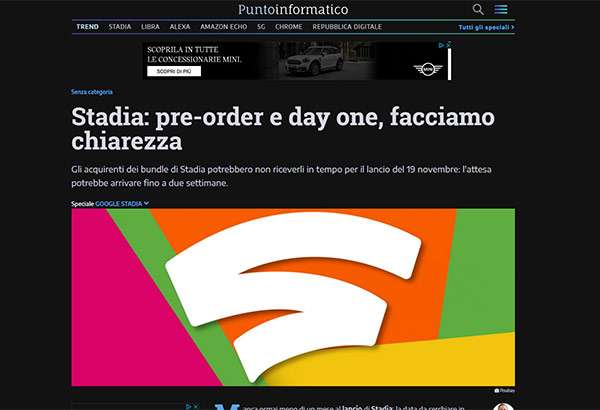 Un articolo di Punto Informatico nella Dark Mode di Chrome 78