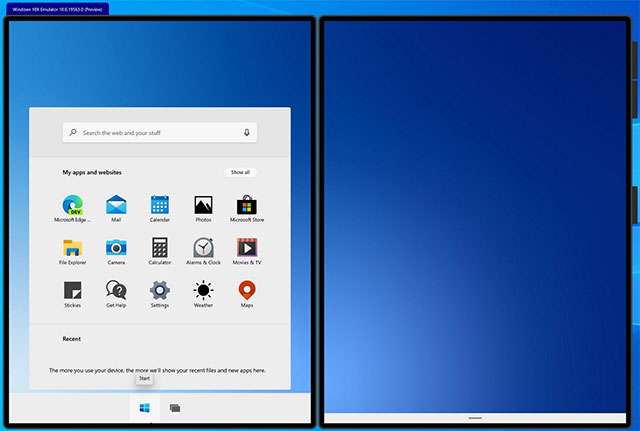 Il menu Start di Windows 10X nell'emulatore del sistema operativo