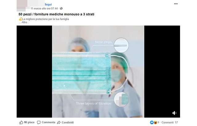 Un'inserzione pubblicitaria per la vendita di mascherine chirurgiche su Facebook