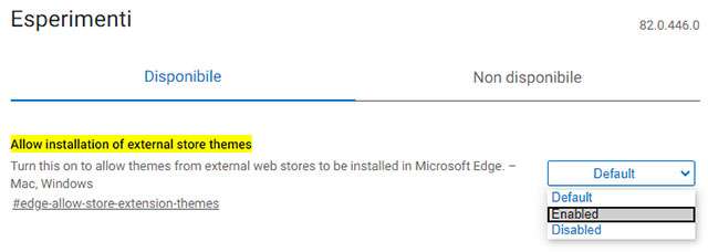 Il flag "Allow installation of external store themes" di Edge Canary