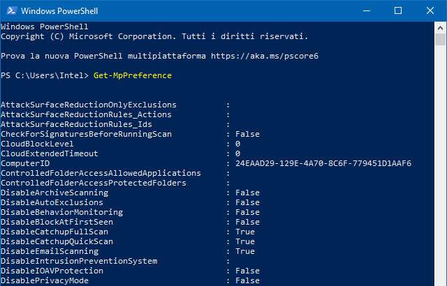 Windows PowerShell: il comando Get-MpPreference