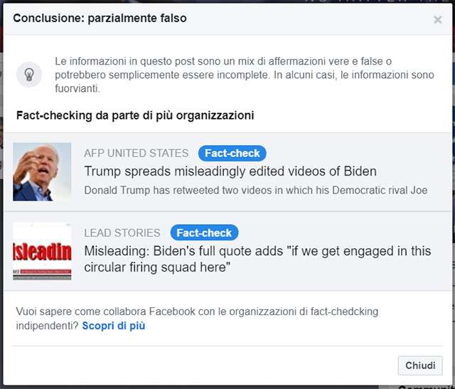 Il video manipolato di Biden condiviso da Trump è etichettato da Facebook come "informazione parzialmente falsa"