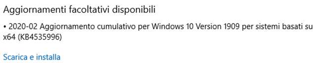 L'aggiornamento opzionale KB4535996 per Windows 10