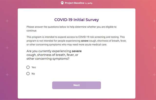 Le domande poste dal sito di Verily per l'accesso ai test sul coronavirus