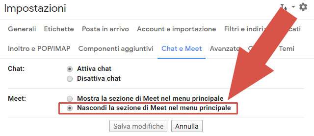 Come nascondere la scheda di Google Meet nell'interfaccia di Gmail