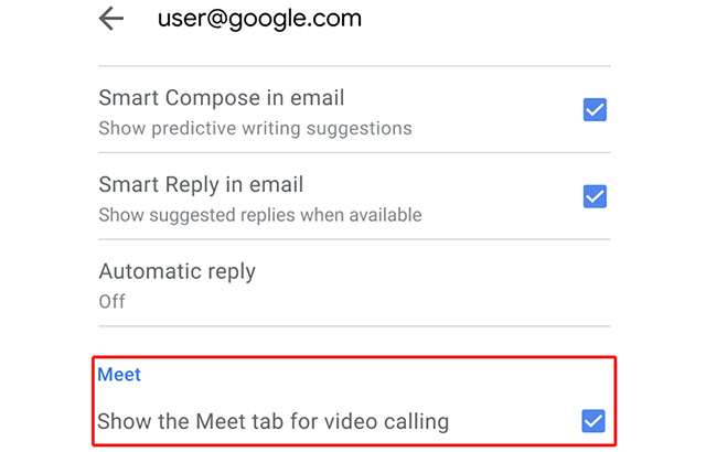 Le impostazioni relative a Google Meet nell'applicazione mobile di Gmail