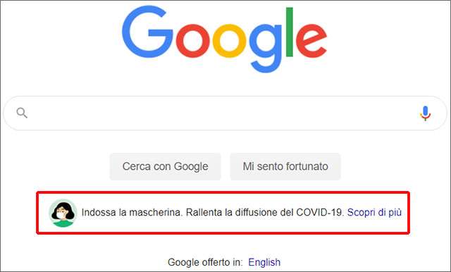 Sulla homepage di Google un messaggio che invita a usare la mascherina