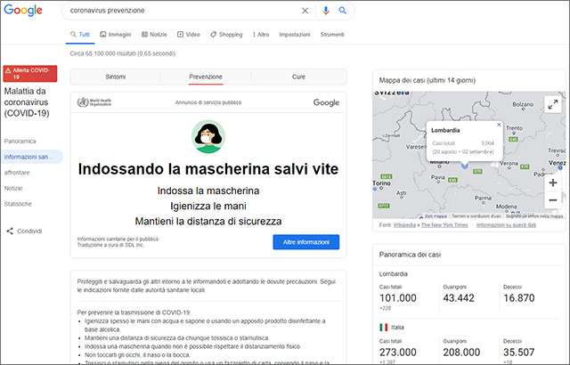 Le raccomandazioni di Google su mascherina e COVID-19