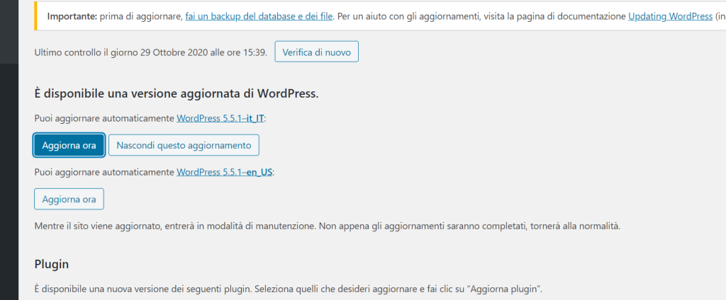 Aggiornamento WordPress