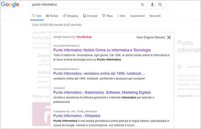 Punto Informatico su Google con l'estensione Simple Search