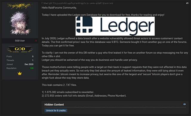 Il post sul forum che punta al leak di Ledger