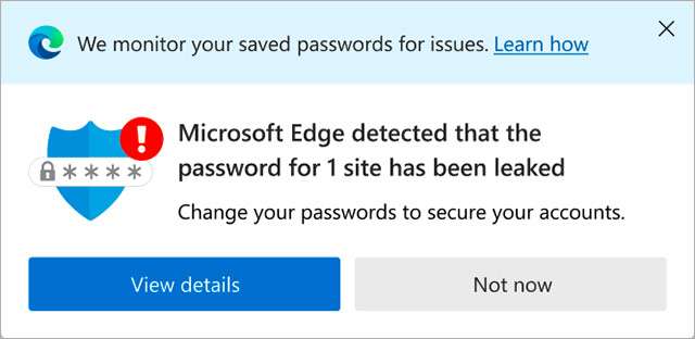 L'avviso mostrato da Microsoft se una password salvata risulta compromessa