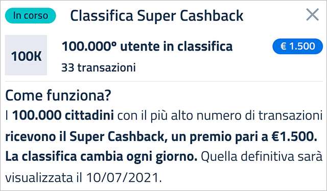 Super Cashback: la classifica aggiornata al 25 gennaio 2021 e il numero minimo di transazioni necessario per accedere al bonus