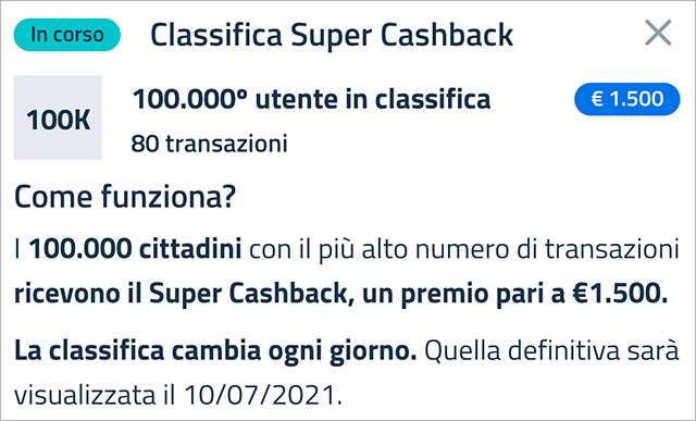 Super Cashback: la classifica aggiornata a martedì 16 febbraio 2021 con il numero minimo di transazioni necessario per accedere al bonus