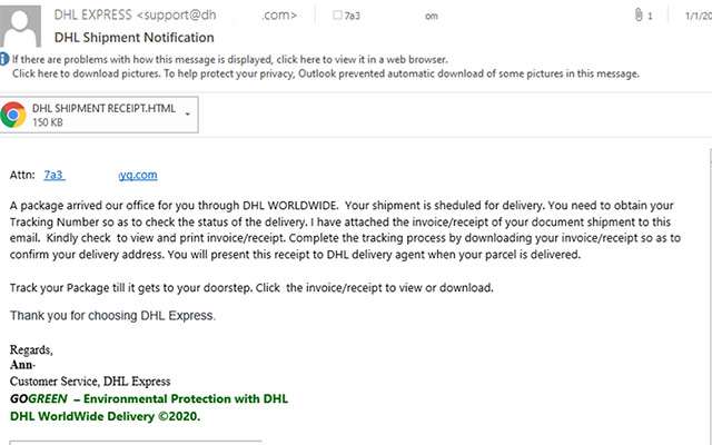 Un'email di phishing che simula una comunicazione da DHL