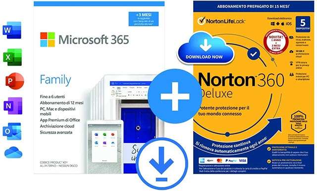 Microsoft 365 Family e Norton 360 Deluxe insieme, in offerta su Amazon