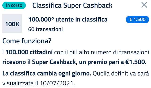 Super Cashback: la classifica aggiornata a lunedì 8 febbraio 2021 e il numero minimo di transazioni necessario per accedere al bonus