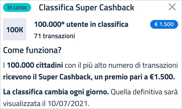 Super Cashback: la classifica aggiornata a venerdì 12 febbraio 2021 con il numero minimo di transazioni necessario per accedere al bonus