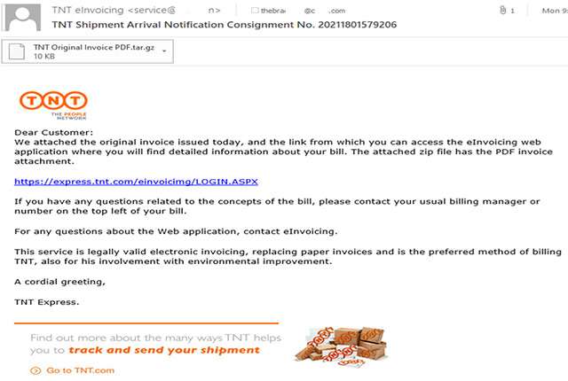 Un'email di phishing che simula una comunicazione da TNT
