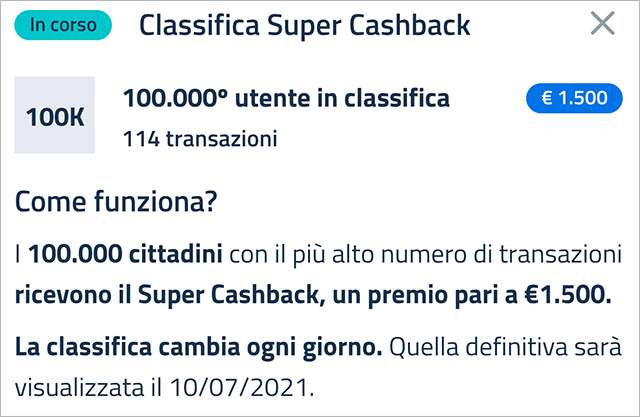 Super Cashback: la classifica aggiornata a martedì 2 marzo 2021 con il numero minimo di transazioni necessario per accedere al bonus