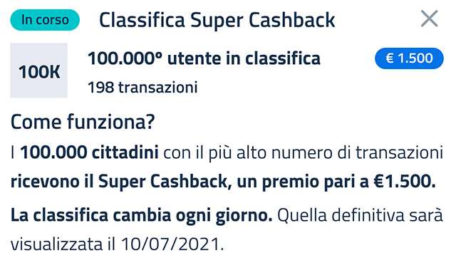 Super Cashback: la classifica aggiornata a martedì 30 marzo 2021 con il numero minimo di transazioni necessario per accedere al bonus