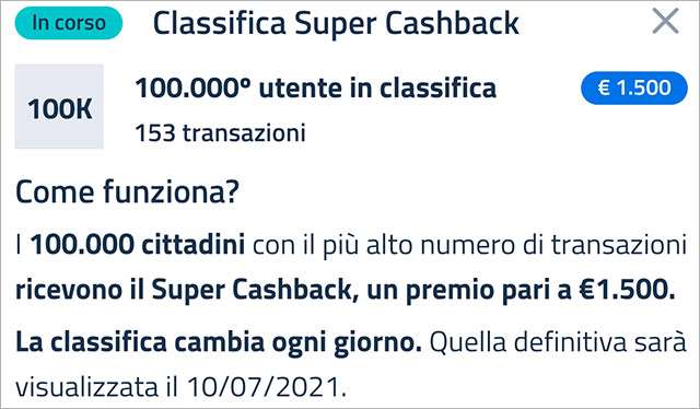 Super Cashback: la classifica aggiornata a martedì 16 marzo 2021 con il numero minimo di transazioni necessario per accedere al bonus