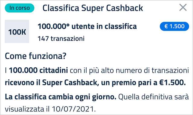 Super Cashback: la classifica aggiornata a venerdì 12 marzo 2021 con il numero minimo di transazioni necessario per accedere al bonus