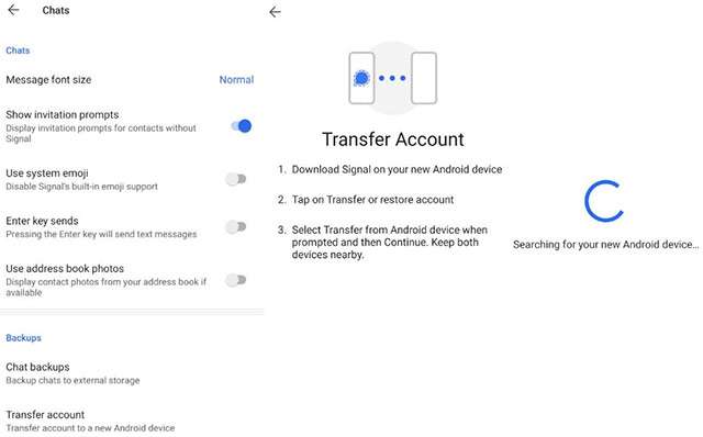 La funzionalità di Signal per trasferire l'account a un nuovo dispositivo Android