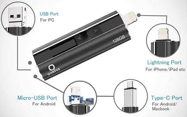 La pendrive da 128 GB di QARFEE con diverse porte per la connessione