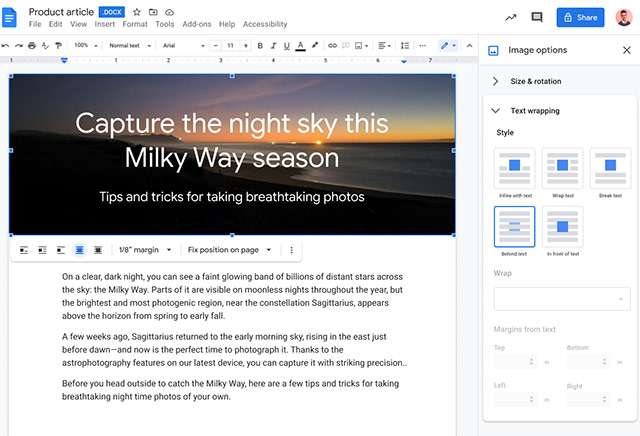 Le nuove opzioni per il posizionamento delle immagini in Google Docs