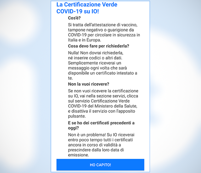 Certificazione verde su app IO: l'avviso