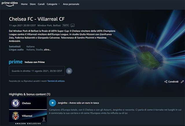 UEFA Super Cup: Chelsea-Villareal in diretta su Prime Video