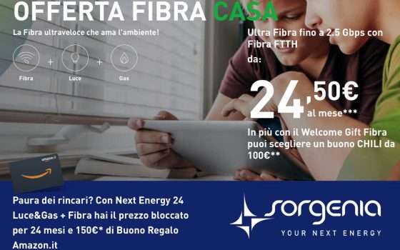 Sorgenia: Luce+Gas+Fibra con 150€ di Buono Amazon!